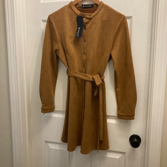 NWT Faux Suede Allegra K long sleeve belted shirt dress camel size L - Picture 8 of 8